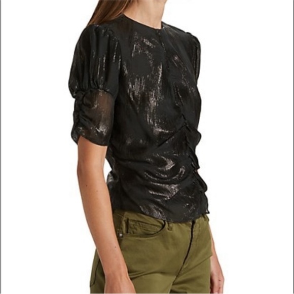 FRAME Sparkly Black Puff Sleeve Ruched Keyhole Metallic V Neck Silk Blend Top S - Picture 5 of 12